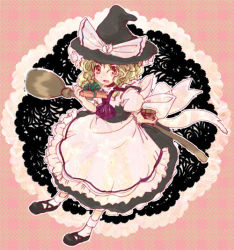 Rule 34 | 1girl, :d, apron, black footwear, black hat, black skirt, black vest, blonde hair, blush, bow, box, braid, broom, female focus, frilled apron, frills, from above, full body, gift, gift box, hair bow, hat, hat bow, holding, holding gift, kirisame marisa, lace background, long hair, looking at viewer, open mouth, plaid, plaid background, puffy short sleeves, puffy sleeves, shirt, shoes, short sleeves, skirt, smile, socks, solo, touhou, vest, waist apron, white apron, white bow, white shirt, white socks, witch hat