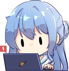 Rule 34 | 1girl, blue hair, chibi, collared shirt, commentary, computer, earrings, empty eyes, english commentary, hair between eyes, holding, hololive, hoshimachi suisei, jewelry, laptop, long hair, miaoema, mouse (computer), official alternate costume, school uniform, shirt, sidelocks, simple background, solo, upper body, virtual youtuber, white background