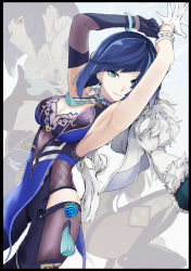 Rule 34 | arm up, armpits, blue eyes, blue hair, bracelet, breasts, commentary request, earrings, genderswap, genshin impact, gloves, highres, jacket, jewelry, looking at viewer, mole, mole on breast, short hair, sleeveless, solo focus, syatey, vision (genshin impact), yelan (genshin impact)
