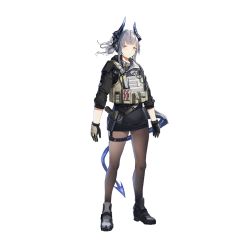 1girl, arknights, blue hair, dragon girl, dragon horns, dragon tail, gloves, gun, handgun, holstered weapon, horns, liskarm (arknights), liskarm (overload) (arknights), miniskirt, official alternate costume, official art, orange eyes, pantyhose, shoes, skirt, sneakers, solo, spiked tail, tactical clothes, tail, weapon