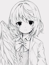 Rule 34 | 1girl, bad id, bad twitter id, buttons, collarbone, dress, feathered wings, grey hair, hanokami, highres, jacket, kishin sagume, long sleeves, looking at viewer, open clothes, open jacket, short hair, simple background, single wing, solo, touhou, upper body, white background, wings