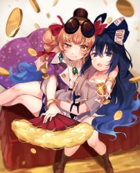 Rule 34 | 2girls, absurdres, antinomy of common flowers, arm around neck, black hat, blonde hair, blue bow, blue eyes, blue hair, boots, bow, bracelet, brooch, brown footwear, chalice, coin, cup, floral print, folding fan, glint, gold, hair bow, hair ribbon, hand fan, hat, highres, jewelry, knees together feet apart, long hair, looking at viewer, multiple girls, multiple hair bows, necklace, ofuda, red ribbon, ribbon, shan, siblings, sisters, sitting, smile, sunglasses, sunglasses on head, touhou, uneven eyes, yorigami jo&#039;on, yorigami shion