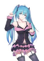 Rule 34 | 1girl, absurdres, ahoge, aqua hair, bare shoulders, black bra, black jacket, black skirt, black thighhighs, blue eyes, bra, breasts, butterfly hair ornament, cleavage, commentary request, cowboy shot, garter straps, hair between eyes, hair ornament, hand up, hatsune miku, head tilt, highres, honey whip (module), jacket, long hair, long sleeves, looking at viewer, navel, nayuko (wuyou nayuko), off-shoulder jacket, off shoulder, official alternate costume, simple background, skirt, smile, solo, standing, thighhighs, twintails, underwear, vocaloid, white background
