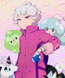Rule 34 | 1boy, ahoge, bede (pokemon), closed mouth, coat, coat tug, commentary request, creatures (company), curly hair, duosion, dynamax band, galarian form, galarian ponyta, game freak, gen 5 pokemon, gen 8 pokemon, gloves, gothorita, grey hair, hattrem, holding, kurochiroko, looking at viewer, male focus, nintendo, pokemon, pokemon (creature), pokemon swsh, purple coat, purple eyes, short hair, sleeves rolled up, star (symbol)