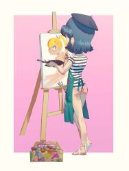 Rule 34 | 2girls, apron, ass, bare legs, beret, black hair, blonde hair, blue eyes, blush, bottomless, canvas (object), closed mouth, easel, from behind, gluteal fold, hair ornament, hairclip, hat, high ponytail, highres, holding, holding paintbrush, holding palette, jessica bunny, kneepits, lewlem, multiple girls, nude, original, paint splatter, paintbrush, palette (object), sandals, shirt, short hair, short sleeves, sidelocks, smile, standing, striped clothes, striped shirt, white footwear