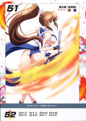 Rule 34 | 1girl, alternate color, ass, bare shoulders, breasts, brown eyes, brown hair, fatal fury, fire, hand fan, highres, holding, holding fan, izumi mahiru, large breasts, long hair, looking at viewer, looking back, ninja, non-web source, official art, ponytail, pyrokinesis, queen&#039;s blade, queen&#039;s gate, revealing clothes, scan, shiranui mai, sideboob, simple background, solo, the king of fighters