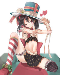 Rule 34 | 10s, 1girl, ;), absurdres, asymmetrical legwear, black hair, black skirt, blush, bow, crop top, eyeshadow, foreshortening, frilled kneehighs, frilled shirt, frills, hachinatsu, hair bow, hat, hat ribbon, hat tip, head tilt, heart, high heels, highres, knee up, kneehighs, looking at viewer, love live!, love live! school idol festival, love live! school idol project, m/, makeup, midriff, miniskirt, mismatched legwear, navel, neck ribbon, one eye closed, outstretched arm, over-kneehighs, pleated skirt, print skirt, red eyes, red footwear, ribbon, shirt, shoes, short twintails, sitting, skirt, smile, socks, solo, spread legs, star (symbol), star print, striped clothes, striped socks, striped thighhighs, thighhighs, top hat, twintails, uneven legwear, vertical-striped clothes, vertical-striped socks, white background, wrist ribbon, yazawa nico