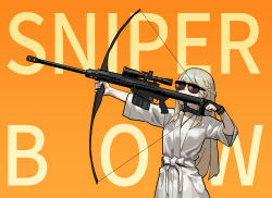 Rule 34 | 1girl, aiming, anti-materiel rifle, barrett m82, bathrobe, black gloves, blonde hair, bow (weapon), braid, copyright request, english text, facing viewer, french braid, gloves, gogalking, gun, highres, holding, holding bow (weapon), holding weapon, korean commentary, long hair, orange background, partially fingerless gloves, rifle, scope, short sleeves, single glove, sniper rifle, solo, sunglasses, weapon, you&#039;re doing it wrong