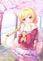 Rule 34 | 1girl, blonde hair, blush, bow, braid, brown eyes, cherry blossoms, commission, cowboy shot, day, frilled skirt, frilled sleeves, frills, fur scarf, head tilt, highres, kousetsu, long hair, long sleeves, looking at viewer, neckerchief, open mouth, original, outdoors, pixiv commission, pleated skirt, red shirt, scarf, school uniform, shirt, skirt, smile, solo, tree, twin braids, white scarf, white skirt, yellow bow