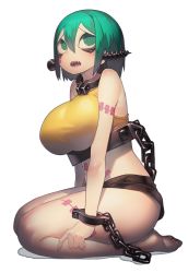 Rule 34 | 1girl, @ @, aqua eyes, aqua hair, bare shoulders, barefoot, blouse, breasts, chain, cuffs, female focus, from side, full body, hair between eyes, harau, large breasts, monster girl, open mouth, original, ringed eyes, screw, seiza, shackles, sharp teeth, shirt, short hair, short shorts, shorts, simple background, sitting, sleeveless, solo, stitches, teeth, white background, yellow shirt, zombie, zombie girl