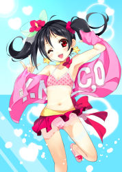 Rule 34 | 10s, 1girl, ;d, armpits, bikini, black hair, flat chest, flower, gradient background, hair flower, hair ornament, hibiscus, highres, love live!, love live! school idol project, one eye closed, open mouth, polka dot, polka dot bikini, polka dot swimsuit, red eyes, short hair, smile, solo, star (symbol), striped, striped background, swimsuit, towel, twintails, yazawa nico, yoshiwo