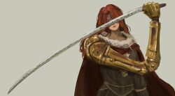 1girl cape closed_mouth commentary elden_ring english_commentary fur-trimmed_cape fur_trim grey_background highres holding holding_sword holding_weapon long_hair malenia_blade_of_miquella oredcchi prosthesis prosthetic_arm red_cape red_hair scar simple_background solo sword weapon