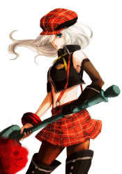 Rule 34 | 10s, 1girl, alisa ilinichina amiella, black footwear, black pantyhose, blue eyes, boots, breasts, elbow gloves, fingerless gloves, gloves, god eater, god eater burst, hat, holding, holding weapon, long hair, looking at viewer, navel, pantyhose, silver hair, simple background, skirt, solo, suspender skirt, suspenders, thigh boots, thighhighs, underboob, weapon, white background
