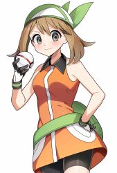 Rule 34 | 1girl, bandana, bike shorts, blush, brown eyes, brown hair, closed mouth, collared dress, commentary, creatures (company), dress, eyelashes, fanny pack, game freak, gloves, green bag, green bandana, hand on own hip, highres, holding, holding poke ball, looking at viewer, may (pokemon), medium hair, nintendo, orange dress, poke ball, pokemon, pokemon emerald, pokemon rse, premier ball, simple background, sleeveless, sleeveless dress, smile, solo, white background, white gloves, yuihico
