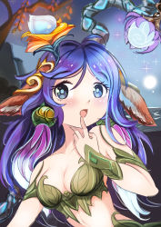Rule 34 | 1girl, absurdres, blue eyes, breasts, centaur, highres, league of legends, lillia (league of legends), lips, medium breasts, pointy ears, purple hair, reindeer girl, solo, staff, tail, taur, upper body