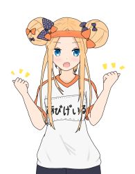Rule 34 | 1girl, :d, abigail williams (fate), atsumisu, bad id, bad pixiv id, black bow, blush, bow, breasts, commentary request, double bun, fate/grand order, fate (series), forehead, gym shirt, gym uniform, hair bow, hair bun, hair ornament, hands up, headband, highres, long hair, multiple girls, name tag, open mouth, orange bow, orange headband, parted bangs, polka dot, polka dot bow, purple eyes, purple hair, shirt, short hair, short sleeves, side bun, sidelocks, simple background, small breasts, smile, solo, white background, white shirt