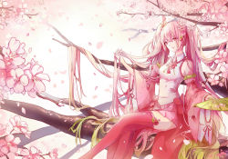 Rule 34 | 1girl, alternate costume, bare shoulders, blouse, boots, breasts, cherry blossoms, closed mouth, collar, crossed legs, detached sleeves, female focus, flower, frilled collar, frills, hair between eyes, hair flower, hair ornament, hand fan, hatsune miku, holding, holding hair, in tree, kinokohime (mican02rl), long hair, long sleeves, miniskirt, petals, pink hair, pink shirt, pink skirt, pink thighhighs, pleated skirt, red thighhighs, sakura miku, shirt, sitting, sitting in tree, skirt, sleeveless, sleeveless shirt, smile, solo, thighhighs, tree, twintails, very long hair, vocaloid, white shirt, wide sleeves