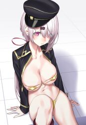 Rule 34 | 1girl, alternate costume, areola slip, bikini, black hat, black jacket, blush, breasts, cleavage, closed mouth, collared jacket, covered erect nipples, eyepatch bikini, from above, frown, gishu, gold bikini, hair ornament, hair over one eye, hair ribbon, hairclip, hat, highres, jacket, knee up, large breasts, lips, long bangs, long hair, long sleeves, looking at viewer, low ponytail, navel, nijisanji, open clothes, open jacket, pink eyes, pink hair, red ribbon, ribbon, shiina yuika, sitting, sleeves past wrists, solo, stomach, swimsuit, thighs, tile floor, tiles, virtual youtuber, visor cap