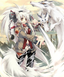 Rule 34 | long hair, mouth hold, sword, weapon, white hair, wolf, yellow eyes