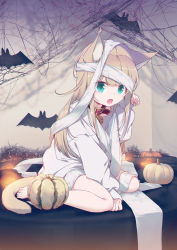 Rule 34 | 1girl, 40hara, animal ear fluff, animal ears, aqua eyes, blonde hair, blunt bangs, cat ears, cat girl, cat tail, collar, commentary, english commentary, halloween, highres, kinako (40hara), long hair, looking at viewer, open mouth, original, oversized clothes, photo-referenced, red collar, shirt, sitting, solo, t-shirt, tail, toilet paper, wariza