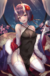 Rule 34 | 1girl, bare shoulders, black dress, blush, bob cut, breasts, cenangam, cup, dress, elbow gloves, fate/grand order, fate (series), garter belt, garter straps, gloves, holding, holding cup, horns, looking at viewer, makeup, off shoulder, oni, pelvic curtain, purple eyes, purple hair, short hair, shuten douji (fate), skin-covered horns, small breasts, smile, solo, sparkle, thighhighs, underwear, white thighhighs