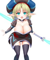 Rule 34 | 1girl, :d, absurdres, asamura hiori, black thighhighs, blonde hair, blue eyes, breasts, choker, cleavage, detached sleeves, fang, fangs, fonewearl, hat, highres, large breasts, long pointy ears, long sleeves, looking at viewer, open mouth, phantasy star, phantasy star online, phantasy star online 2, pointy ears, puffy sleeves, short hair, smile, solo, thighhighs, white background, zettai ryouiki