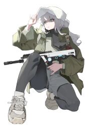 Rule 34 | 1girl, backpack, bag, black pantyhose, black scarf, blue archive, full body, green eyes, green jacket, grey hair, grey shorts, gun, hand on headwear, hare (blue archive), hare (camp) (blue archive), hat, highres, holding, holding gun, holding weapon, jacket, long hair, long sleeves, on one knee, open clothes, open jacket, pantyhose, ponytail, rifle, scarf, shoes, shorts, simple background, slippyn3, sneakers, solo, sweater, weapon, white background, white hat