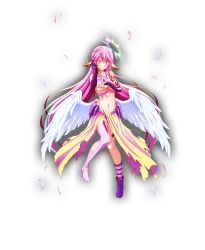 Rule 34 | 1girl, angel wings, asymmetrical legwear, blush, breasts, closed mouth, spiked halo, covering privates, covering breasts, crop top, cross, embarrassed, feathered wings, feathers, full body, gradient hair, halo, jibril (no game no life), kanpani girls, large breasts, long hair, low wings, magic circle, midriff, mismatched legwear, multicolored eyes, multicolored hair, navel, no game no life, official art, pink hair, purple eyes, shoes, sideboob, single shoe, solo, symbol-shaped pupils, tattoo, torn clothes, transparent background, very long hair, white wings, wing ears, wings, yellow eyes