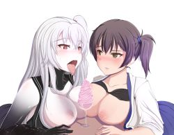 Rule 34 | 10s, 2girls, absurdres, aircraft carrier oni, asymmetrical docking, bad deviantart id, bad id, black bra, black gloves, blush, bra, bra lift, breast press, breasts, brown eyes, brown hair, commentary, food, gloves, highres, ice cream, jay87k, kaga (kancolle), kantai collection, large breasts, multiple girls, nipples, one side up, open clothes, pale skin, red eyes, side ponytail, sweat, tongue, tongue out, underwear, white hair