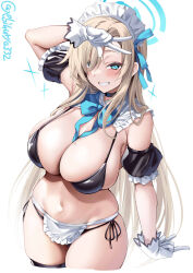 Rule 34 | 1girl, apron, asuna (blue archive), bikini, black bikini, black choker, blue archive, blue bow, blue bowtie, blue eyes, blue ribbon, blush, bow, bowtie, breasts, brown hair, check commentary, choker, commentary request, ebifurya, gloves, grin, hair ornament, hair ribbon, halo, hand up, heart, heart-shaped pupils, highres, large breasts, long hair, looking at viewer, maid headdress, mole, mole on breast, navel, ribbon, side-tie bikini bottom, sideboob, simple background, smile, solo, swimsuit, symbol-shaped pupils, twitter username, white apron, white background, white gloves, white headwear