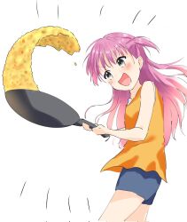 Rule 34 | 1girl, :d, bare arms, blue shorts, blush, commentary request, cooking, corrupted twitter file, cowboy shot, emphasis lines, emu shido, food, fried rice, frying pan, grey eyes, hair between eyes, highres, holding, holding frying pan, katou umi, long hair, open mouth, orange shirt, purple hair, shirt, shorts, simple background, sketch, sleeveless, sleeveless shirt, smile, smug, solo, summer pockets, tsurime, two side up, v-shaped eyebrows, white background