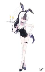 Rule 34 | 1girl, alternate costume, animal ears, bare shoulders, black footwear, black hair, black leotard, blue archive, breasts, bright pupils, champagne flute, choker, cleavage, closed mouth, covered navel, crossed legs, cup, drinking glass, ear piercing, fake animal ears, full body, gloves, groin, halo, high heels, highres, holding, holding tray, horns, kayoko (blue archive), leaning forward, leotard, long hair, looking at viewer, low wings, megumi kei, mole, multicolored hair, piercing, playboy bunny, ponytail, red eyes, sidelocks, signature, simple background, single wing, small breasts, solo, standing, thigh strap, tray, two-tone hair, white background, white gloves, white hair, white pupils, wings