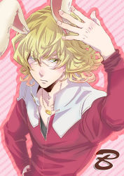 Rule 34 | 10s, 1boy, animal ears, bad id, bad pixiv id, barnaby brooks jr., blonde hair, rabbit ears, glasses, green eyes, hand on own hip, hip focus, jacket, jewelry, kemonomimi mode, male focus, necklace, red jacket, solo, tiger &amp; bunny, wagyandamu
