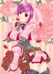 Rule 34 | 1girl, animal ears, arched back, bad id, bad pixiv id, basket, bell, belt, belt pouch, blush, capcom, capelet, collar, detached sleeves, eating, fake animal ears, flower, food, frills, fruit, holding, holding food, holding fruit, hood, khezu (armor), looking at viewer, looking back, miniskirt, monster hunter, monster hunter (series), monster hunter portable, monster hunter portable 2nd, monster hunter portable 2nd g, monster hunter portable 3rd, neck bell, parted bangs, polka dot, polka dot background, pouch, profile, purple hair, rabbit ears, red eyes, short hair, short shorts, shorts, shorts under skirt, skirt, smile, solo, strap, strawberry, striped, striped background, swept bangs, thigh strap, thighhighs, tooco
