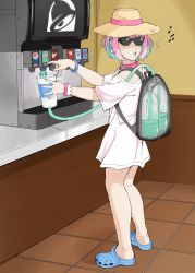 Rule 34 | 1girl, backpack, bag, beamed eighth notes, bracelet, collar, commentary, crocs, cup, disposable cup, dr pepper, earrings, eighth note, english commentary, full body, giganticbuddha, hair intakes, hat, highres, idolmaster, idolmaster cinderella girls, indoors, jewelry, meme, mountain dew, multicolored hair, musical note, off-shoulder shirt, off shoulder, operation soda steal (meme), pepsi, pill earrings, pink collar, pink hair, pink lips, shirt, short hair, soda, soda fountain, solo, standing, sun hat, sunglasses, t-shirt, taco bell, theft, two-tone hair, whistling, x-ray, yumemi riamu
