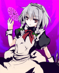 Rule 34 | 1girl, apron, atoshi, bad id, bad pixiv id, braid, female focus, izayoi sakuya, knife, maid, maid apron, ribbon, short hair, silver hair, solo, throwing knife, touhou, twin braids, weapon, wrist cuffs