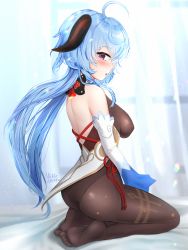 Rule 34 | 1girl, ahoge, ass, bare shoulders, blue hair, blurry, blush, bodysuit, breasts, depth of field, detached sleeves, from behind, from side, ganyu (genshin impact), genshin impact, gloves, hair between eyes, highres, horns, kneeling, large breasts, leotard, long hair, looking at viewer, open mouth, pantyhose, purple eyes, shiny clothes, shiny skin, sideboob, solo, very long hair, vickie (cryingrobot), waist cape