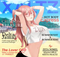 Rule 34 | 1girl, breasts, cover, crop top, fake magazine cover, highres, looking at viewer, looking to the side, magazine cover, midriff, navel, pale skin, phriezt, polygon project, red eyes, red hair, solo, virtual youtuber, xzeta