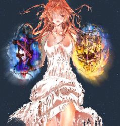 Rule 34 | 1girl, angel, artist request, dress, floating hair, jpeg artifacts, judge, judgement (tarot), long hair, red hair, resized, scales, sky, solo, space, star (sky), star (symbol), starry sky, tarot