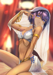 Rule 34 | 1girl, announ (kurotya), armlet, bangle, bare shoulders, bracelet, breasts, choker, dark-skinned female, dark skin, fate/grand order, fate/prototype, fate/prototype: fragments of blue and silver, fate (series), hair between eyes, hassan of serenity (fate), highres, jewelry, looking at viewer, mouth veil, navel, open mouth, purple eyes, purple hair, short hair, sitting, small breasts, smile, solo, thighs, veil