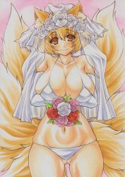 Rule 34 | 1girl, animal ears, bare shoulders, bikini, blonde hair, blush, bouquet, bra, breasts, bridal veil, bride, cleavage, collarbone, colored pencil (medium), curvy, elbow gloves, female focus, flower, fox ears, fox tail, gloves, gluteal fold, graphite (medium), large breasts, looking at viewer, marker, marker (medium), mature female, millipen (medium), mole, mole on breast, multiple tails, navel, orange eyes, panties, pink background, pink flower, pink rose, red flower, red rose, rose, short hair, skindentation, smile, solo, standing, swimsuit, tail, thigh gap, touhou, traditional media, underwear, underwear only, veil, white bikini, white bra, white flower, white gloves, white panties, white rose, wide hips, yakumo ran, yutakasan-love