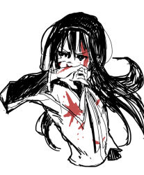 Rule 34 | 10s, 1girl, akemi homura, bad id, bad pixiv id, black hair, blood, covering own mouth, expressionless, hairband, long hair, looking back, magical girl, mahou shoujo madoka magica, mahou shoujo madoka magica (anime), monochrome, simple background, solo, spot color, upper body, watanabe ignica, white background