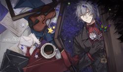 Rule 34 | 1boy, absurdres, antonio salieri (fate), antonio salieri (second ascension) (fate), ascot, black gloves, black jacket, blue flower, blue rose, bug, butterfly, closed eyes, coffee, coffin, cross, cup, empty picture frame, erm (doubledream), fate/grand order, fate (series), flower, from above, gloves, grey hair, hair between eyes, highres, holding, holding cross, insect, instrument, interlocked fingers, jacket, letter, light smile, lying, male focus, medallion, on back, own hands together, petals, picture frame, pinstripe jacket, pinstripe pattern, quill, red ascot, rose, saucer, sheet music, short hair, solo, star (symbol), striped, teacup, upper body, violin, white flower, white rose
