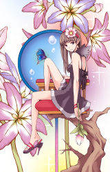 Rule 34 | 1girl, black dress, brown eyes, brown hair, bubble, bug, butterfly, butterfly on knee, closed mouth, dress, flower, hair flower, hair ornament, hairband, head tilt, highres, holding, holding flower, bug, long hair, noraico, original, sandals, sitting, sleeveless, sleeveless dress, solo, sparkle, branch