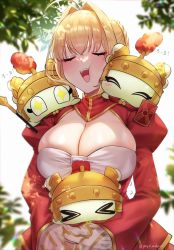 Rule 34 | &gt; &lt;, 1girl, 3others, absurdres, ahoge, blonde hair, blush, braid, braided bun, breasts, cheek-to-cheek, cleavage, day, dress, epaulettes, closed eyes, fate/extra, fate (series), forest, french braid, hair bun, hair intakes, heads together, highres, con (fate), large breasts, multiple others, nature, nero claudius (fate), nero claudius (fate) (all), nero claudius (fate/extra), outdoors, red dress, single hair bun, yayoi maka