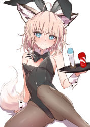 Rule 34 | 1girl, absurdres, ahoge, alternate costume, animal ears, arknights, bare shoulders, black bow, black bowtie, black leotard, black pantyhose, blue eyes, blush, bow, bowtie, breasts, brown hair, cameltoe, collar, detached collar, extra ears, fake animal ears, feet out of frame, fox ears, fox girl, fox tail, hand up, highres, holding, holding tray, knee up, leotard, looking at viewer, material growth, oripathy lesion (arknights), oversized breast cup, pantyhose, playboy bunny, rabbit ears, short hair, simple background, small breasts, solo, spread legs, strapless, strapless leotard, sussurro (arknights), tail, tray, white background, white collar, white wrist cuffs, wrist cuffs, yakurope-moko
