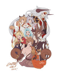 Rule 34 | 2boys, 5girls, ahoge, animal ears, animal hands, artist name, bai (granblue fantasy), bare shoulders, belt, blonde hair, blue hair, blush, breasts, brown hair, cagliostro (granblue fantasy), capelet, choker, clenched hand, closed eyes, closed mouth, collarbone, dated, detached sleeves, dress, eahta (granblue fantasy), facepaint, fikkyun, fingerless gloves, galleon (granblue fantasy), gloves, gran (granblue fantasy), granblue fantasy, grin, hadanugi dousa, hairband, hand on own chest, headband, highres, horns, huang (granblue fantasy), index finger raised, japanese clothes, kimono, large breasts, long hair, looking at viewer, lyria (granblue fantasy), monk (granblue fantasy), multiple boys, multiple girls, one eye closed, open clothes, open kimono, open mouth, orange eyes, parted lips, paw gloves, pointy ears, post guild war celebration, purple eyes, purple hair, short hair, simple background, single glove, sleeveless, sleeveless dress, smile, teeth, tiger ears, tiger paws, twintails, upper body, very long hair, white background, white hair, wide sleeves