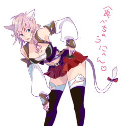 Rule 34 | 10s, 1girl, :3, alternate costume, animal ears, armpits, asymmetrical hair, bare shoulders, bow, breasts, cat ears, cat tail, cleavage, detached sleeves, final fantasy, final fantasy xiii, final fantasy xiv, leaning, lightning farron, lightning returns: final fantasy xiii, midriff, miniskirt, miqo&#039;te, oh tamax, pink hair, skirt, solo, strap, tail, thighhighs, white background