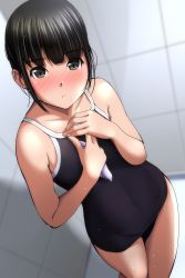 Rule 34 | 1girl, absurdres, black hair, black one-piece swimsuit, blunt bangs, blush, brown eyes, covered navel, flat chest, highres, long hair, looking at viewer, matsunaga kouyou, one-piece swimsuit, original, parted lips, solo, standing, swimsuit, thighs, wet