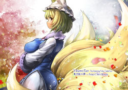 Rule 34 | 1girl, animal hat, artist name, blonde hair, breasts, character name, copyright name, dress, fox tail, hat, hat with ears, large breasts, long sleeves, mob cap, multiple tails, petals, mob cap, solo, tabard, tail, touhou, umigarasu (kitsune1963), white dress, wide sleeves, yakumo ran